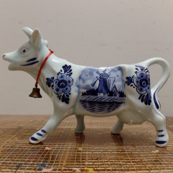 Vintage Porcelain Blue Glazed Delft Cow Creamer DBL Crown Logo w/Bell - Picture 7 of 12